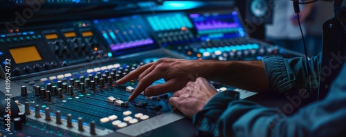 Photo realistic musician using digital soundboards to mix tracks with advanced audio editing tools, Musician, Professional Sound Engineering