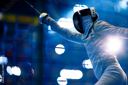 A fencer with a helmet and a foil in a stadium.