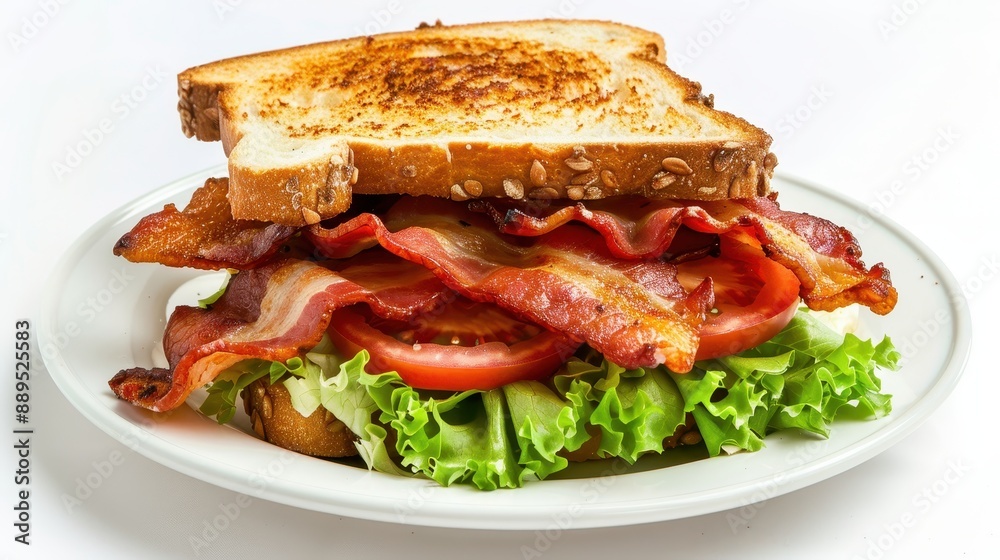 A classic BLT sandwich with crispy bacon, lettuce, and tomato on toasted bread, presented on a white plate against a white background. A classic BLT sandwich with crispy bacon, lettuce, and tomato on toasted bread, presented on a white plate against a white background.