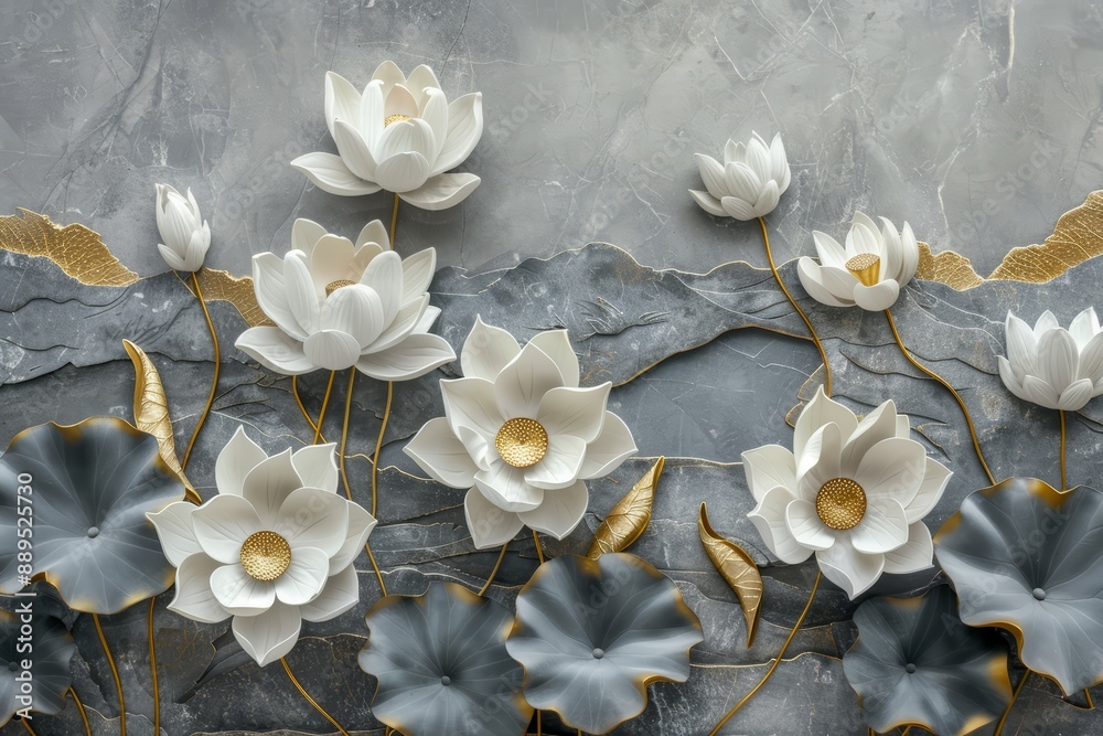 Fototapeta premium Elegant 3D floral design with gold and white flowers on a gray stone background. Luxurious and decorative artwork. Beautiful pattern of leaves and blossoms, perfect for wallpapers or cards.