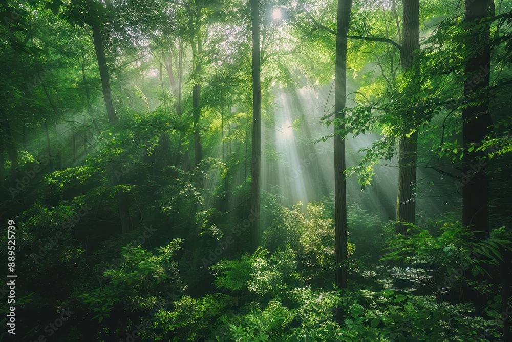 Fototapeta premium Tranquil Green Forest Bathed in Sunlight, Creating a Magical Atmosphere