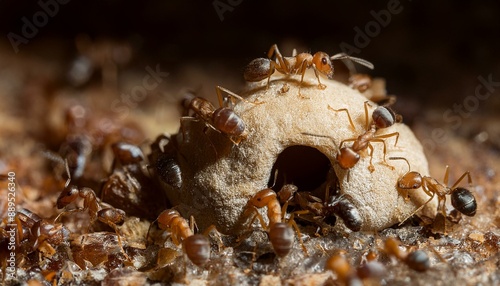 Macro of worker ants helping each other build the ant nest photo