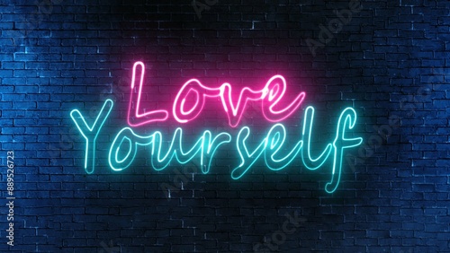 Love Yourself text font with light. Luminous and shimmering haze inside the letters of the text Love Yourself. Love Yourself neon sign.