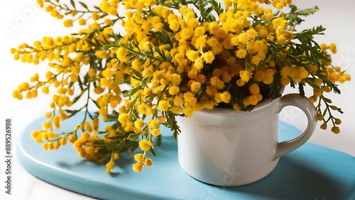 Yellow spring flowers of mimosa in a white mug on a blue wooden background