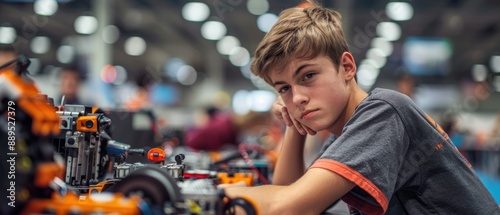 Teenager at Robotics Competition Feeling Uncertain While Assembling Robot Among Participants and Tools