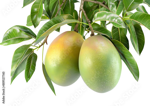 Green oranges on a branch, highlighting the freshness of the fruit. Isolated on a transparent background