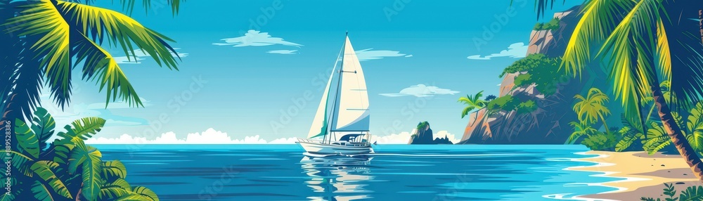 Obraz premium A sailboat is sailing in the ocean near a beach. The sky is cloudy and the water is calm