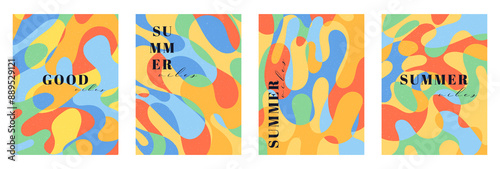 Creative concept of summer bright and juicy cards set. Modern abstract art design with liquid shapes with overlay effect. Templates for celebration, ads, branding, banner, cover, label, poster, sales