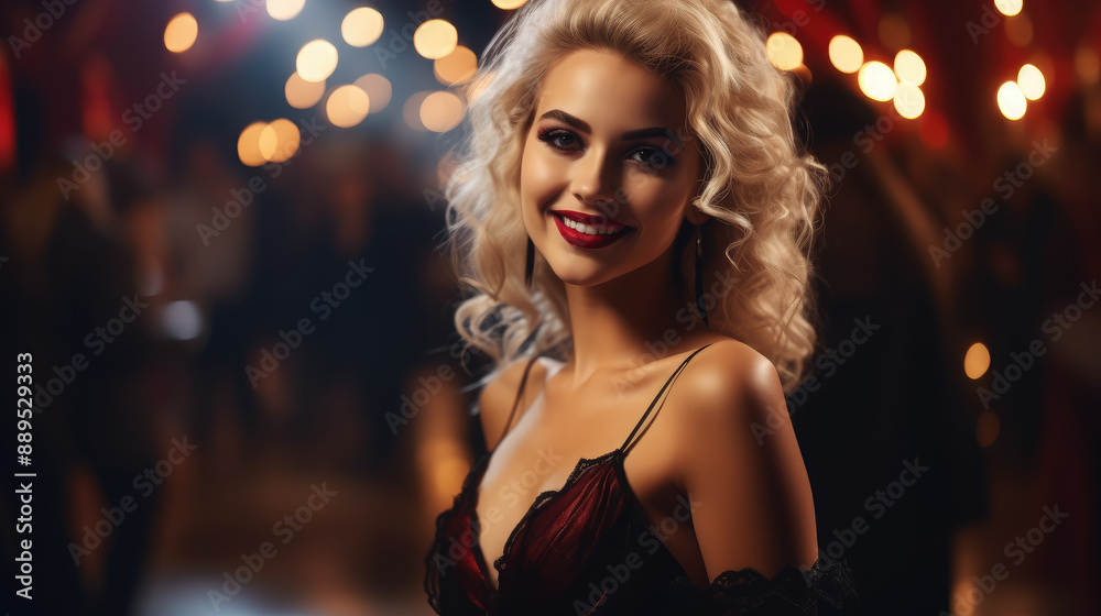 Fototapeta premium young beautiful woman at a Halloween party in a vampire costume, witch, girl, nightclub, celebration, October 31, masquerade, people, person, holiday, disco, lady, glamour, fashion, face, black dress