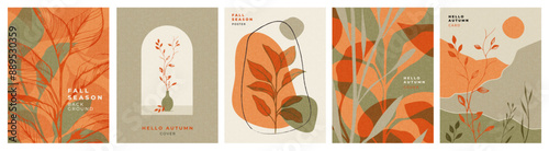 Set of trendy modern art style abstract autumn posters or covers with bright beautiful leaves and plants. Fall background, Sale banner, or flyer design. Template for advertising, web, social media