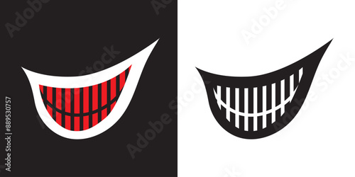 Set Of Smiling Face Happiness Day. Fun Thoughts Emoji Face Emotion. Laughter Lip Symbol. Smiling Lips, Cartoon Funny Teeth And Face. Monster Mouth. Isolated On Transparent Background.