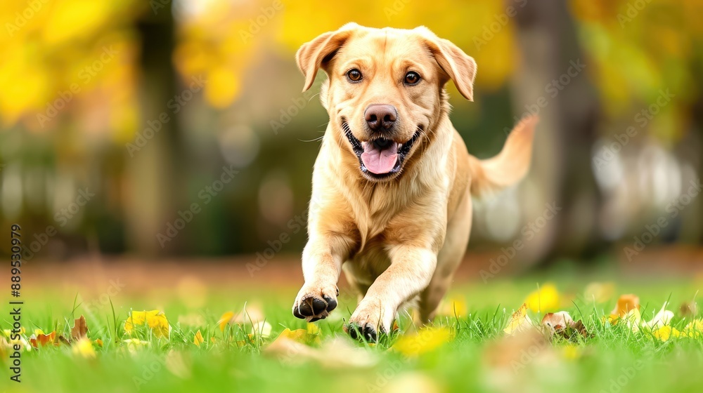 Happy Labrador running on green grass with a blurred autumn background, showcasing the joy and energy of a playful dog in the outdoors. Happy Labrador running on green grass with a blurred autumn background, showcasing the joy and energy of a playful dog in the outdoors.