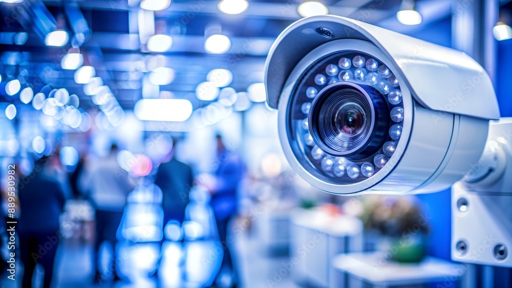Security Camera. Surveillance Technology. A security camera in focus with a blurred background of a tech environment Security Camera. Surveillance Technology. A security camera in focus with a blurred background of a tech environment