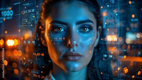 Woman with Digital Overlay. Digital Identity. A close-up of a woman's face with digital data projected over her.