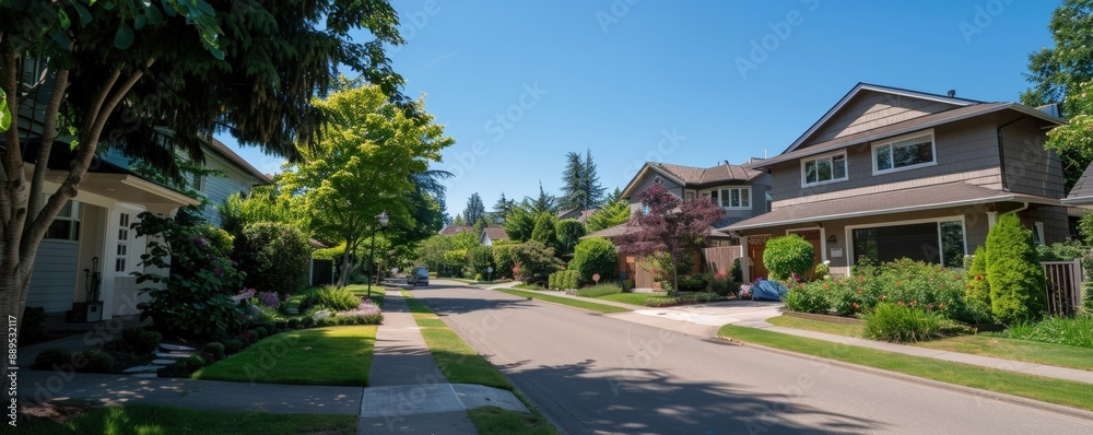 A serene suburban neighborhood with trees lining the street and modern homes under a clear blue sky on a sunny day. A serene suburban neighborhood with trees lining the street and modern homes under a clear blue sky on a sunny day.