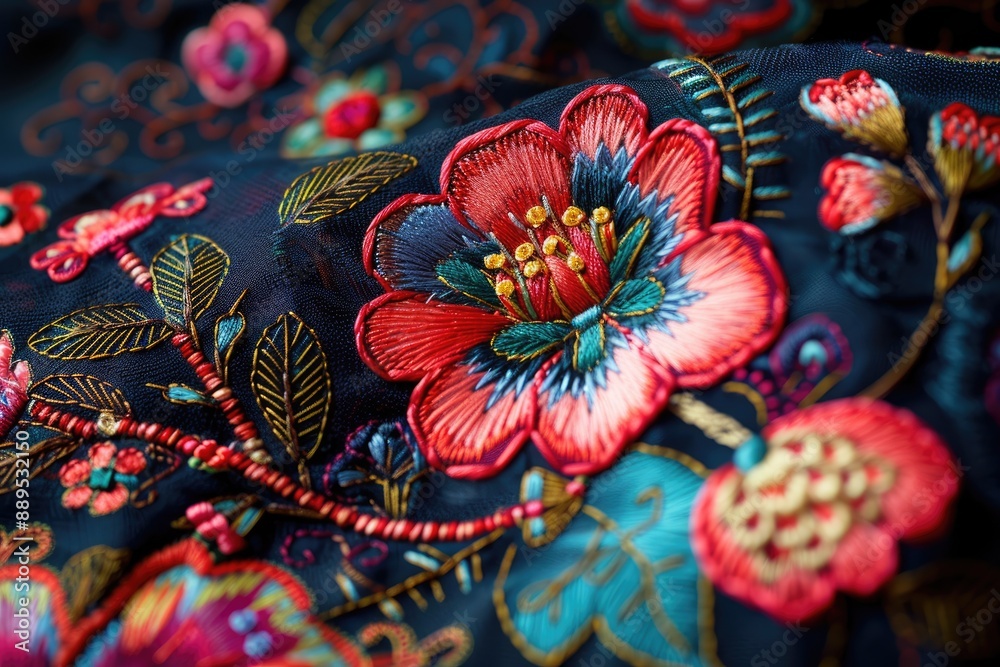 Fototapeta premium Embroidery of a floral pattern, detailed stitches, vibrant colors, traditional style, intricate design