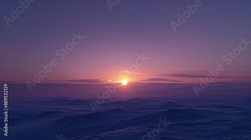 A serene winter sunset over snowy mountains with a purple and orange sky, tranquil and breathtaking natural landscape.