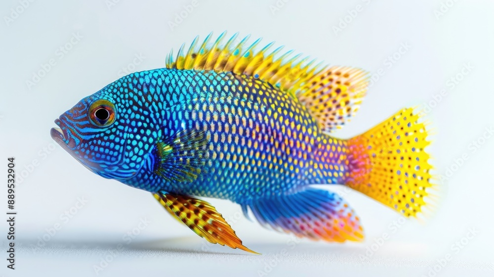 A close-up photograph of a colorful tropical fish, showcasing its vivid hues of blue, yellow, and green, set against a plain white background. A close-up photograph of a colorful tropical fish, showcasing its vivid hues of blue, yellow, and green, set against a plain white background.