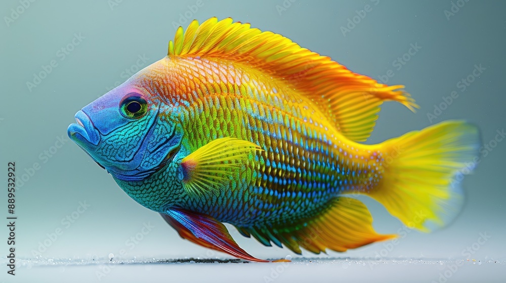 A close-up photograph of a colorful tropical fish, showcasing its vivid hues of blue, yellow, and green, set against a plain white background. A close-up photograph of a colorful tropical fish, showcasing its vivid hues of blue, yellow, and green, set against a plain white background.