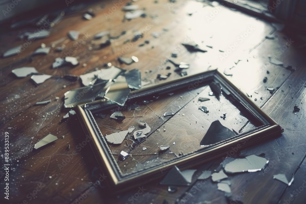 Naklejka premium A broken picture frame lies on a wooden floor surrounded by shattered glass, indicating a moment of chaos or an accident.