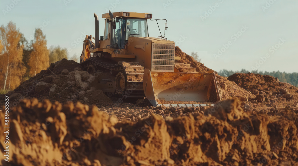 A massive bulldozer pushing a large pile of dirt on a construction site