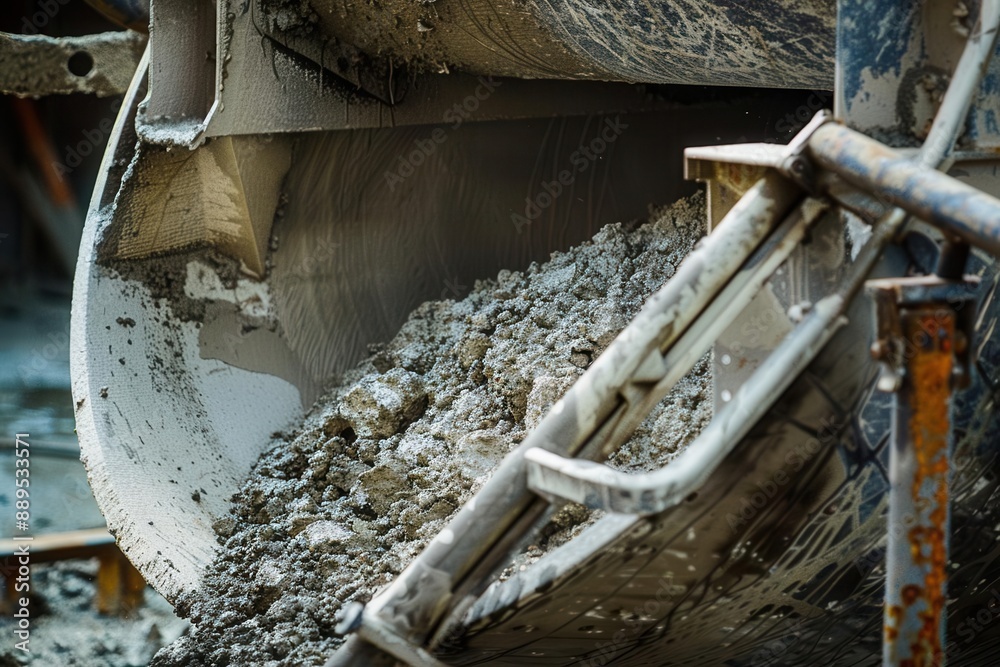Fototapeta premium Close-up image of wet concrete pouring out of a cement mixer at a construction site, showcasing the construction process.