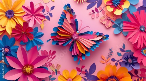 9. "A vibrant paper cut scene of a colorful butterfly fluttering among layered flowers on a pink background