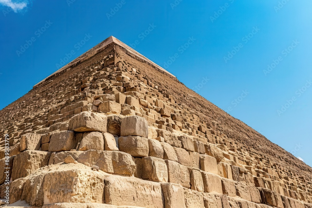 Close-up view of ancient pyramid in Egypt, showcasing intricate stonework under the clear blue sky. Perfect for historical and travel themes. Close-up view of ancient pyramid in Egypt, showcasing intricate stonework under the clear blue sky. Perfect for historical and travel themes.