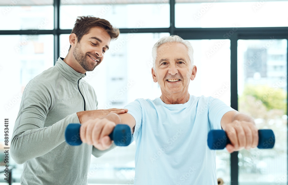 Senior, man and portrait with dumbbell or physiotherapist for physical therapy, mobility exercise and arthritis management. Geriatric physiotherapy, arm and stretching for rehabilitation and recovery Senior, man and portrait with dumbbell or physiotherapist for physical therapy, mobility exercise and arthritis management. Geriatric physiotherapy, arm and stretching for rehabilitation and recovery
