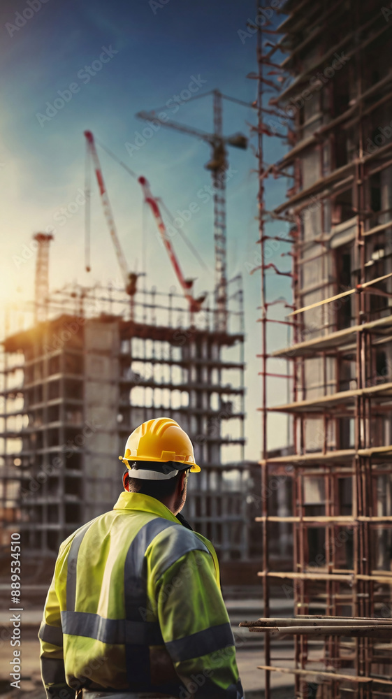 labor day concept background, Construction worker with safety helmet in front of a building labor day concept background, Construction worker with safety helmet in front of a building