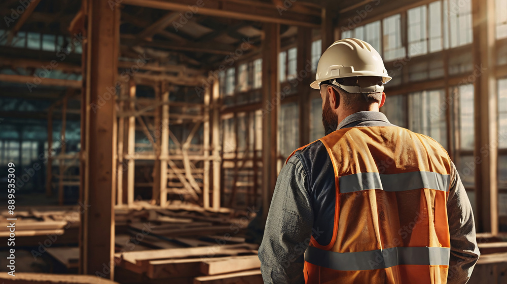 labor day concept background, Construction worker with safety helmet in front of a building labor day concept background, Construction worker with safety helmet in front of a building