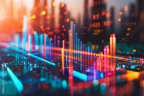 Modern digital graphs in vivid colors representing data analytics against a futuristic cityscape  showcasing technology s integration with urban life.