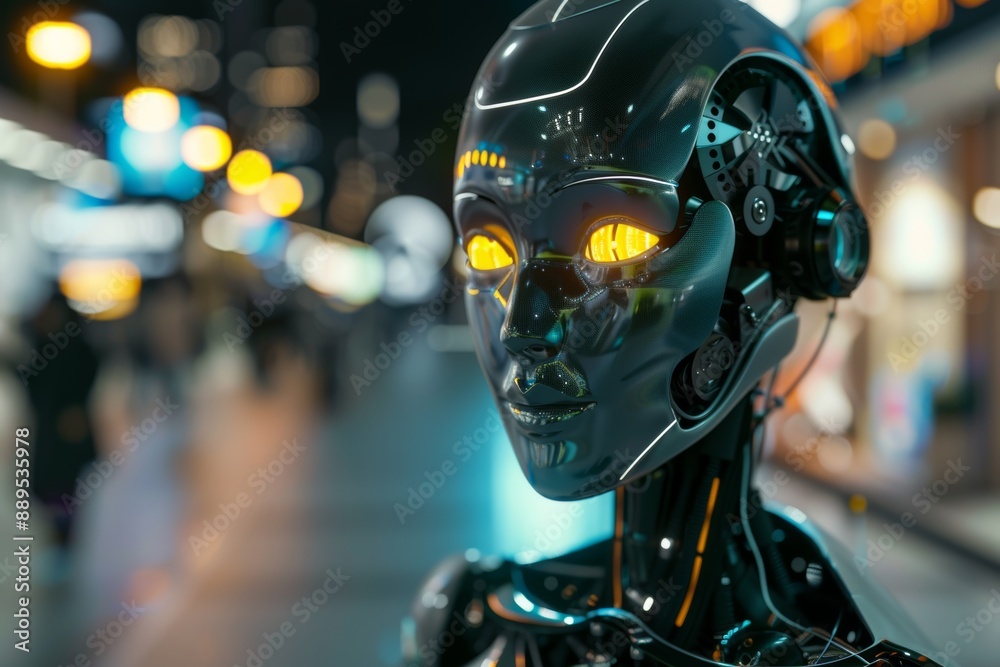 Cyborg-faced woman in a future smart technology image made with generative stock Cyborg-faced woman in a future smart technology image made with generative stock