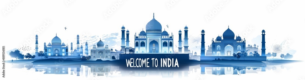 Welcome to India: wallpaper illustration of the Taj Mahal in blue and white. Independence Day on August 15 concept with a focus on architecture and cultural heritage. Welcome to India: wallpaper illustration of the Taj Mahal in blue and white. Independence Day on August 15 concept with a focus on architecture and cultural heritage.
