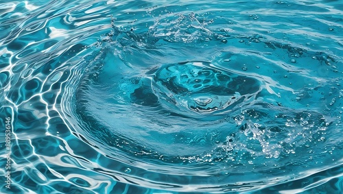 Water splash with ripples on blue water surface. photo