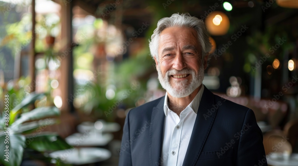 A man in a suit is smiling in front of a plant. Concept of happiness and contentment A man in a suit is smiling in front of a plant. Concept of happiness and contentment