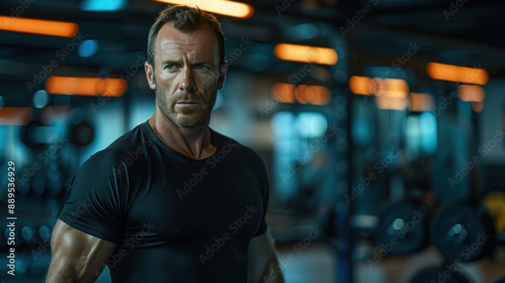 Fototapeta premium A man in a black shirt stands in front of a gym. He looks serious and focused. The gym is well-equipped with various exercise equipment, including a bench and a weight rack