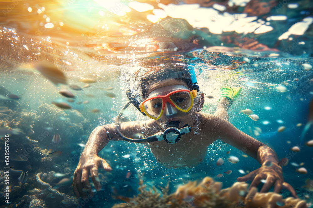 Naklejka premium A young scuba diver explores a lively underwater world, surrounded by corals and marine life, as the sunlight cascades through the water.
