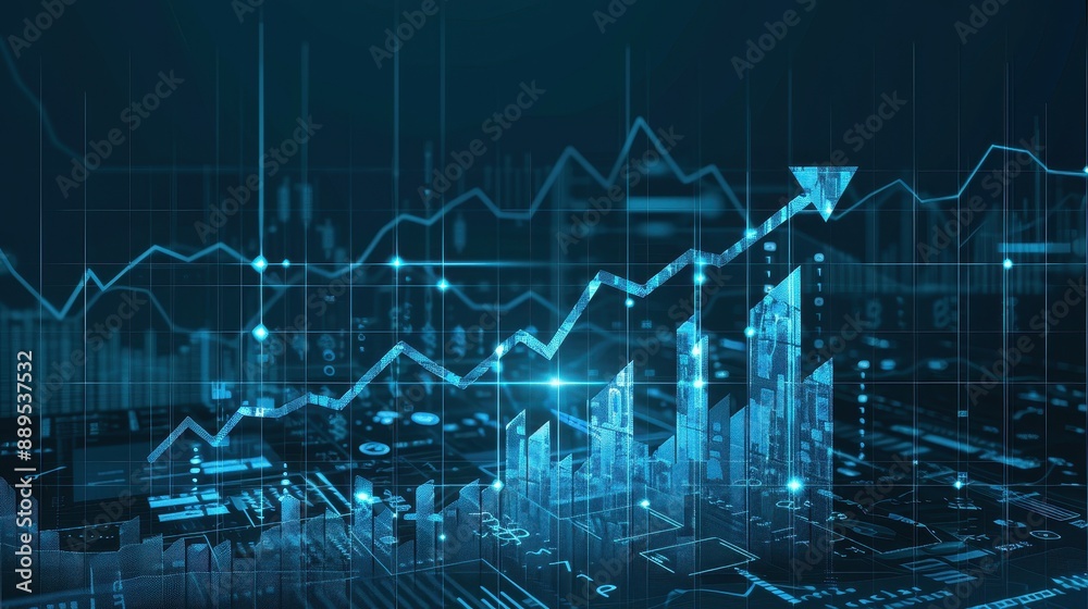 Rising stock market graph in digital city background. Rising stock market graph in digital city background.