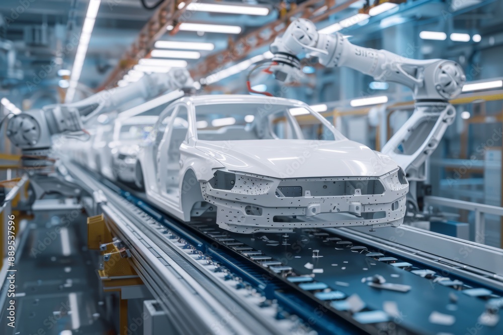 Industrial robot painting passenger car bodies at an automotive factory