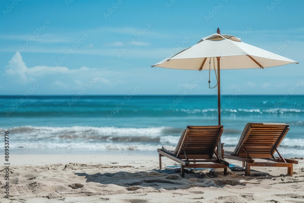 Two wooden lounge chairs under a white umbrella facing the calm blue ocean on a serene beach, perfect for a relaxing summer getaway. Two wooden lounge chairs under a white umbrella facing the calm blue ocean on a serene beach, perfect for a relaxing summer getaway.