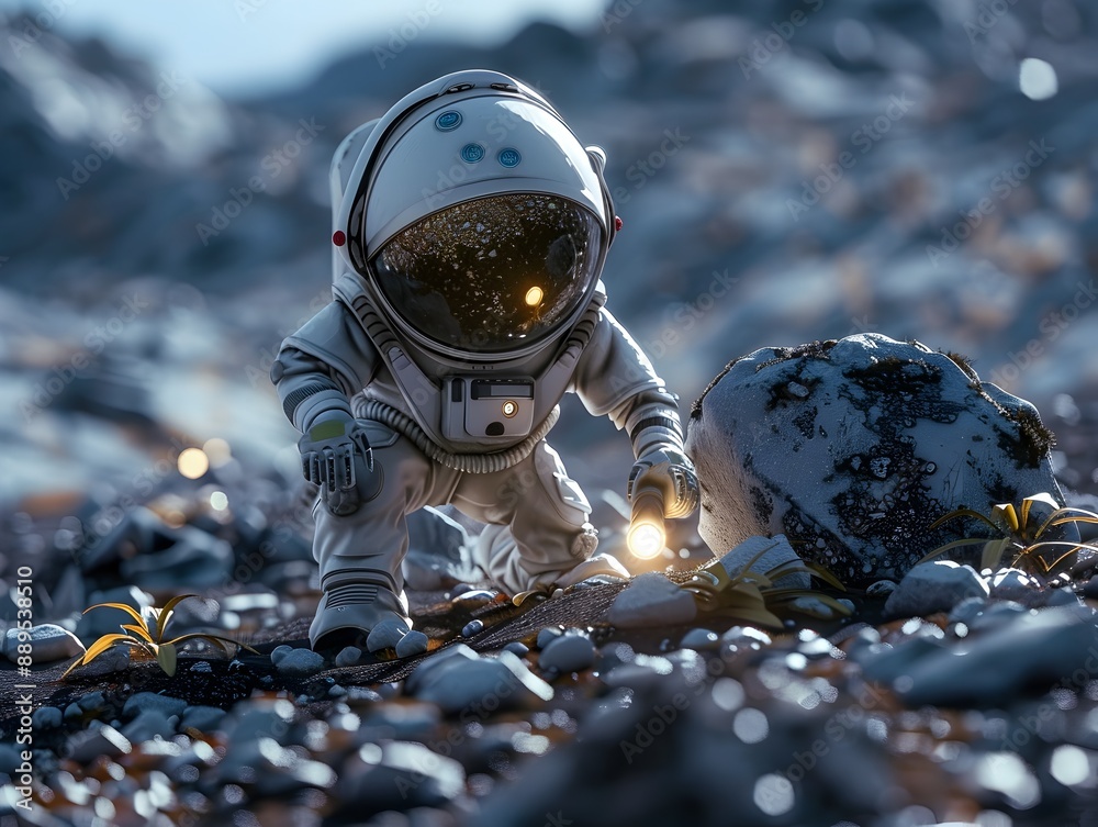 Lone Astronaut Exploring Alien Landscape Under Starry Night Sky Lone Astronaut Exploring Alien Landscape Under Starry Night Sky