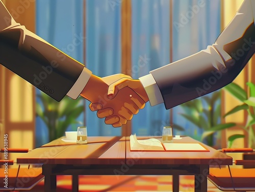 Two Businessmen Shaking Hands in an Elegant Office Setting Signifying a Successful Business Deal photo