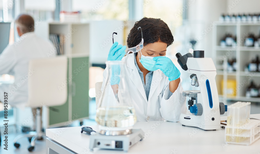 Microscope, science and woman with stress in lab for burnout, headache and overworked on DNA sample analysis. Scientist, expert and mask with anxiety for medical research and investigation pressure Microscope, science and woman with stress in lab for burnout, headache and overworked on DNA sample analysis. Scientist, expert and mask with anxiety for medical research and investigation pressure