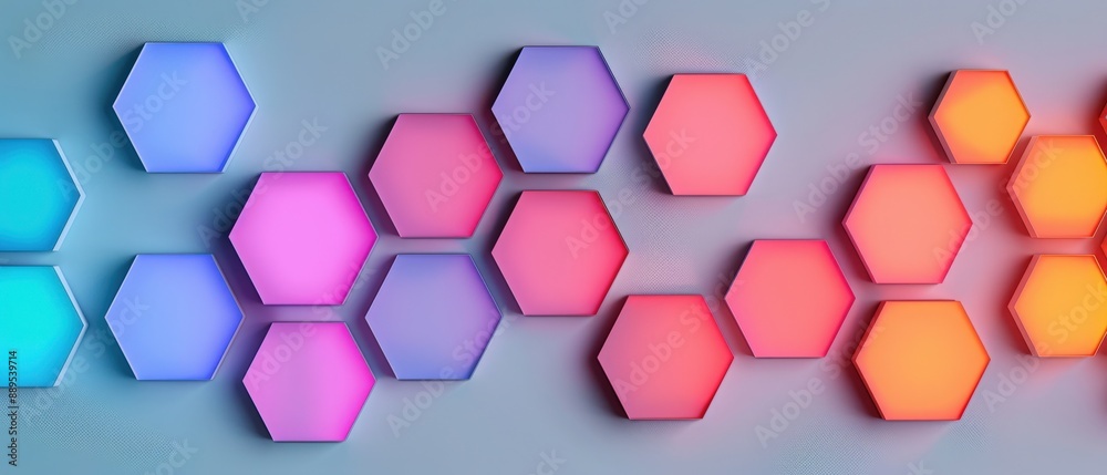 Colorful glowing hexagonal shapes in a modern, futuristic pattern on a light background, perfect for tech and design themes. Colorful glowing hexagonal shapes in a modern, futuristic pattern on a light background, perfect for tech and design themes.
