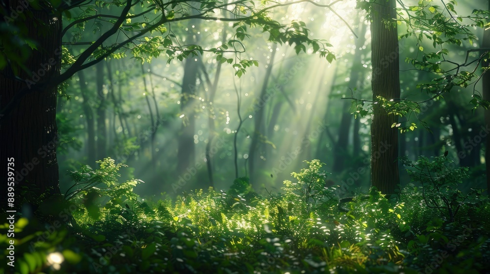 Obraz premium A serene forest with sunlight filtering through the trees.