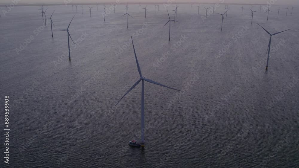 Aerial view of offshore windpark with boat at sunrise, Ijsselmeer Lake, Afsluitdijk, Netherlands. Aerial view of offshore windpark with boat at sunrise, Ijsselmeer Lake, Afsluitdijk, Netherlands.