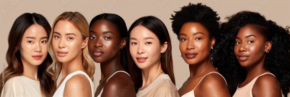 The image shows six women with diverse skin tones, symbolizing unity and beauty in various forms. It celebrates different complexions, cultures, and promotes empowerment and diversity The image shows six women with diverse skin tones, symbolizing unity and beauty in various forms. It celebrates different complexions, cultures, and promotes empowerment and diversity