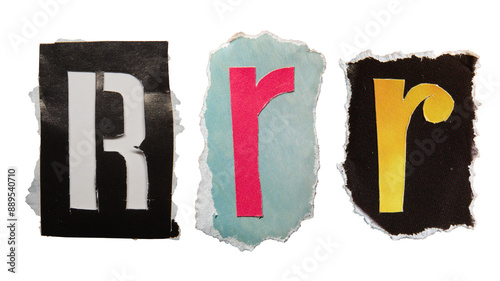 R alphabet torn from a magazine paper. Ransom note style letters. photo