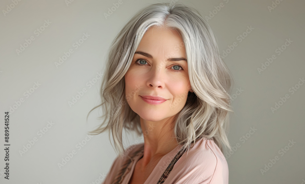 Natural beauty portrait of serene and elegant mature caucasian woman with grey hair. Female slightly smiling. Light background studio shot. Natural female beauty and fascinating aging concept. Natural beauty portrait of serene and elegant mature caucasian woman with grey hair. Female slightly smiling. Light background studio shot. Natural female beauty and fascinating aging concept.